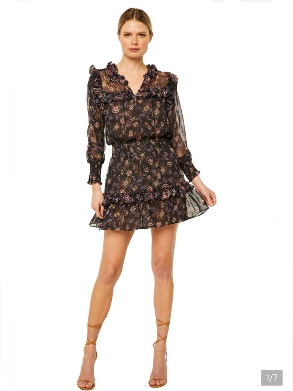 MISA Karla Dress in Gypset Mix Black Floral Ruffle Mini Dress
